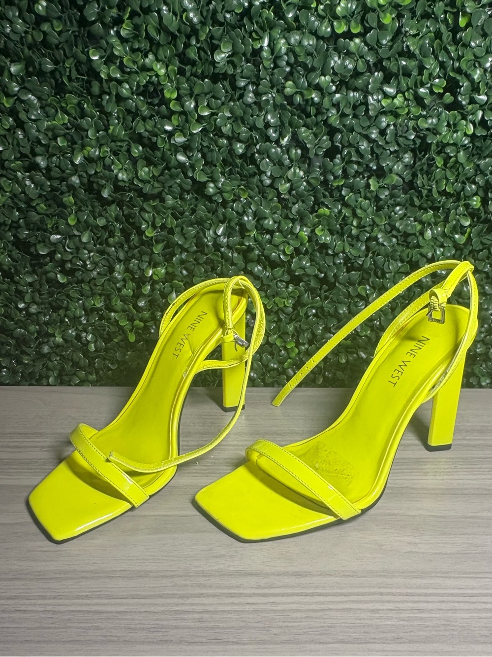 Nine West Neon Yellow Strappy Square-Toe Block Heels